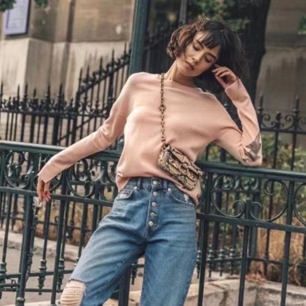 NWT $378 Zadig & Voltaire Cici Pink Cashmere Sweater Leather Star Elbow Patch XS